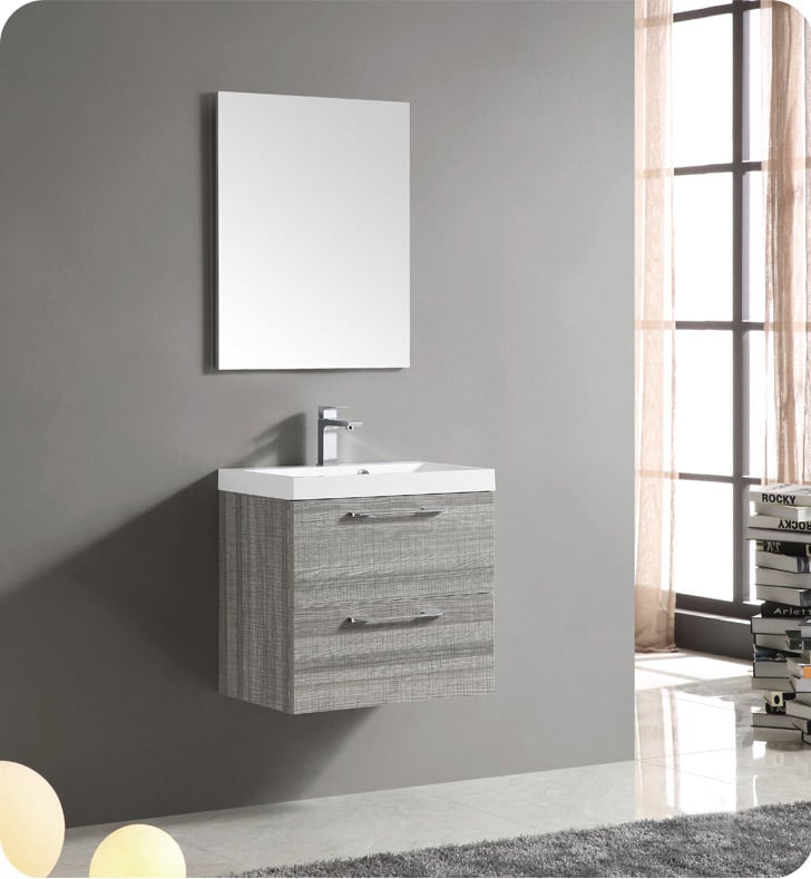 Fresca 24" Modern Bathroom Vanity in Matte, Wall Mount with Mirror and Faucet Ash Gray, FVN8506MA