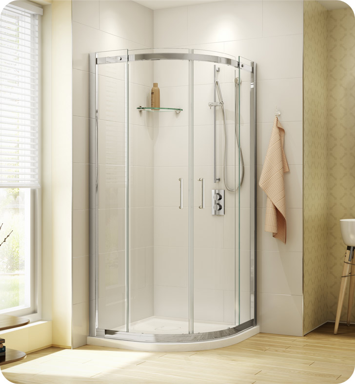 Fleurco Banyo Shuttle Round 32 Semi Frameless Curved Sliding Doors With Hardware Finish: Bright Chrome, Glass Type: Clear Glass, STR32-11-40