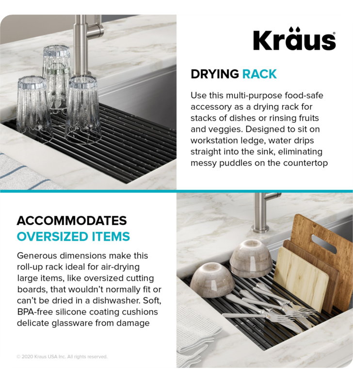 Kraus KRM-11GR Multipurpose Workstation Sink Roll-Up Dish Drying Rack Green