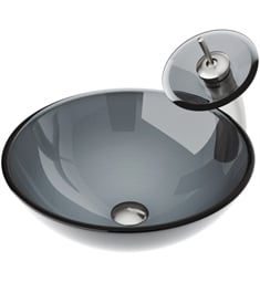 VIGO VGT035BNRND 16 1/2" Circular Glass Bathroom Vessel Sink in Sheer Black with Waterfall Faucet Set and Pop-up Drain