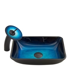 VIGO VGT055MBRND 18 1/4" Rectangular Turquoise Water Glass Bathroom Vessel Sink with Waterfall Faucet Set and Pop-up Drain