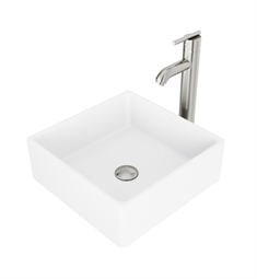 VIGO VGT1001 14 1/2" Dianthus Matte Stone Square Vessel Bathroom Sink with Seville Faucet and Pop-up Drain in Brushed Nickel