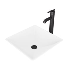VIGO VGT1017 16" Square Hibiscus Matte Stone Bathroom Vessel Sink with Seville Faucet and Pop-up Drain in Matte Black