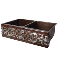 Premier Copper Products KA50DB33229S-NB 33" Double Bowl Apron-Front Hammered Copper Kitchen 50/50 Sink with Scroll Design and Nickel Background in Oil Rubbed Bronze
