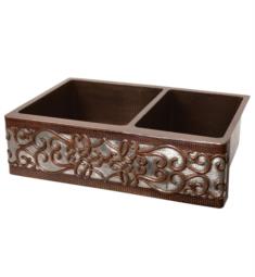Premier Copper Products KA60DB33229S-NB 33" Double Bowl Apron-Front Hammered Copper Kitchen 60/40 Sink with Scroll Design and Nickel Background in Oil Rubbed Bronze