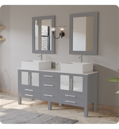 Cambridge Plumbing 8119G 63" Free Standing Solid Oak Wood and Porcelain Double Vessel Sink Bathroom Vanity Set in Gray