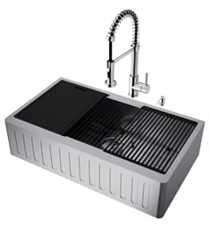 VIGO VG15888 Oxford 36" Apron Front Farmhouse Kitchen Sink in Stainless Steel with Edison Pull-Down Spray Faucet and Soap Dispenser