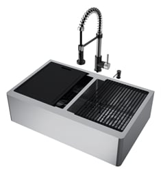 VIGO VG15922 Oxford 33" Double Bowl Handmade Stainless Steel Flat Apron Front Farmhouse Kitchen Sink with Edison Pull-Down Spray Faucet and Soap Dispenser Workstation in Matte Black