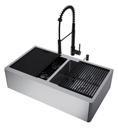 VIGO VG15930 Oxford 36" Double Bowl Handmade Stainless Steel Flat Apron Front Farmhouse Kitchen Sink with Laurelton Pull-Down Spray Faucet and Soap Dispenser Workstation in Matte Black