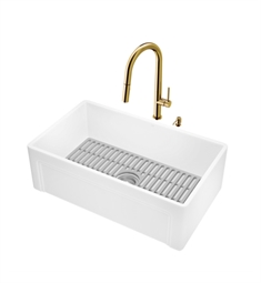 VIGO VG15969 30" All-in-One Casement Apron Front Matte Stone Farmhouse Single Bowl Sink with Greenwich Pull-Down Faucet and Soap Dispenser in Matte Brushed Gold with Silicone Grid