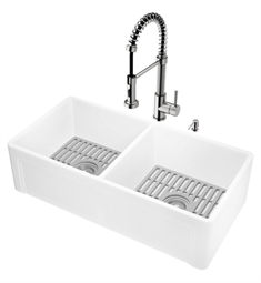 VIGO VG15979 36" Reversible Apron Front Matte Stone Double Farmhouse Sink with Edison Pull-Down Faucet and Soap Dispenser in Stainless Steel with Grid