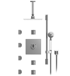 Rubinet 47RTL R10 Temperature Control Shower with Ceiling Mount 8" Shower Head, Bar, Integral Supply, Hand Held Shower & Four Body Sprays