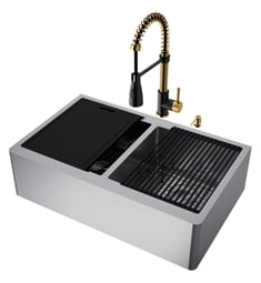 VIGO VG151003 Oxford 33" Double Bowl Flat Apron Front Stainless Steel Farmhouse Kitchen Sink with Brant Faucet in Matte Brushed Gold and Matte Black