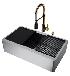 VIGO VG151005 Oxford 36" Flat Apron Front Stainless Steel Farmhouse Kitchen Sink Set with Brant Faucet in Matte Brushed Gold and Matte Black