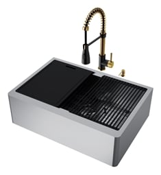 VIGO VG151006 Oxford 30" Flat Apron Front Stainless Steel Farmhouse Kitchen Sink Set with Brant Faucet in Matte Brushed Gold and Matte Black