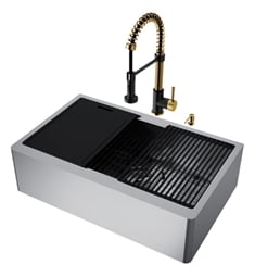 VIGO VG15996 Oxford 33" Flat Apron Front Stainless Steel Farmhouse Kitchen Sink Set with Edison Faucet in Matte Brushed Gold and Matte Black