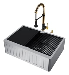 VIGO VG15997 Oxford 30" Slotted Apron Front Stainless Steel Farmhouse Kitchen Sink Set with Edison Faucet in Matte Brushed Gold and Matte Black