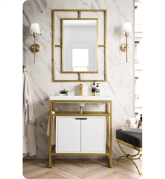 James Martin C105-V31.5-RGD-SC-WG Boston 31 1/2" Stainless Steel Sink Console in Radiant Gold with Storage Cabinet and White Glossy Resin Countertop
