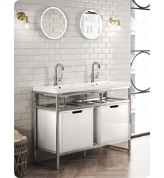 James Martin C105-V47-BNK-SC-WG Boston 47" Stainless Steel Double Basins Sink Console in Brushed Nickel with Storage Cabinet and White Glossy Resin Countertop
