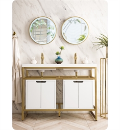 James Martin C105-V47-RGD-SC-WG Boston 47" Stainless Steel Double Basins Sink Console in Radiant Gold with Storage Cabinet and White Glossy Resin Countertop