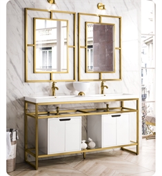James Martin C105-V63-RGD-SC-WG Boston 63" Stainless Steel Double Basins Sink Console in Radiant Gold with Storage Cabinet and White Glossy Resin Countertop
