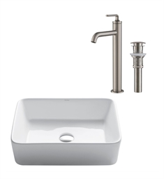 Kraus C-KCV-121-1220 Elavo Modern Rectangular Vessel White Porcelain Ceramic Bathroom Sink, 19 inch and Ramus™ Single Handle Vessel Bathroom Sink Faucet with Pop-Up Drain
