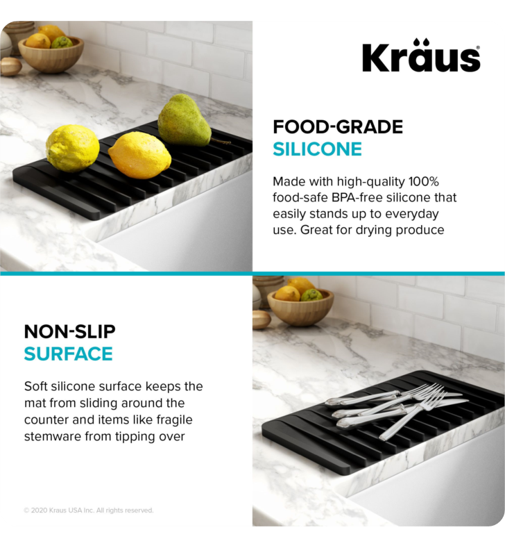 Kraus KDM-10LG Self-Draining Silicone Dish Drying Mat or Trivet for Kitchen Counter in Light Grey