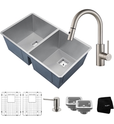 Kraus KHU322-2620-41SS Pax Zero-Radius 31 1/2" Handmade Undermount Double Bowl 16 Gauge Stainless Steel Kitchen Sink and Oletto Single Handle Pull Down Kitchen Faucet with Soap Dispenser in Stainless Steel