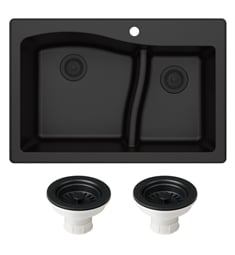Kraus KR-KGD-442BLACK-PST1-BL Quarza 33” Dual Mount 60/40 Double Bowl Granite Kitchen Sink in Black Finish and Strainers