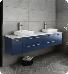 Fresca FCB6172RBL-VSL-D-CWH-V Lucera 72" Blue Wall Hung Modern Bathroom Cabinet with Top & Double Vessel Sinks
