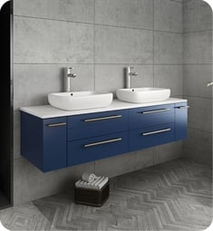 Fresca FCB6160RBL-VSL-D-CWH-V Lucera 60" Blue Wall Hung Modern Bathroom Cabinet with Top & Double Vessel Sinks