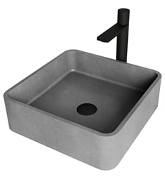 VIGO VGT2026 15 3/8" Square Concreto Stone Vessel Bathroom Sink with Gotham Faucet and Pop-Up Drain in Matte Black