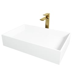 VIGO VGT2042 Bryant 23 1/4" Matte Stone Rectangular Vessel Bathroom Sink in White with Norfolk Faucet and Pop-Up Drain in Matte Brushed Gold