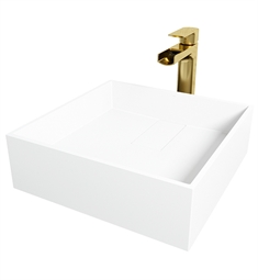 VIGO VGT2036 Bryant 15 1/8" Square Matte Stone Vessel Bathroom Sink with Amada Faucet and Pop-Up Drain in Matte Brushed Gold