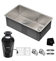 Kraus KHU103-32-100-75MB Standart Pro 32" Double Bowl Undermount Stainless Steel Rectangular Kitchen Sink with Continuous Feed Garbage Disposal and Accessories