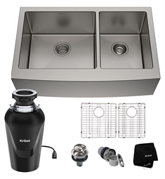 Kraus KHF203-36-100-75MB Standart Pro 35 7/8" Double Bowl Apron Front/Farmhouse Stainless Steel Kitchen Sink in Satin with WasteGuard Continuous Feed Garbage Disposal and Accessories