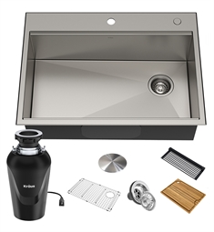 Kraus KWT310-30-100-75MB Kore 30" Single Bowl Dual Mount Stainless Steel Kitchen Sink in Stainless Steel with WasteGuard Continuous Feed Garbage Disposal and Accessories
