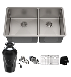 Kraus KHU103-33-100-75MB Standart Pro 32 3/4" Double Bowl Undermount Stainless Steel Kitchen Sink in Satin with WasteGuard Continuous Feed Garbage Disposal and Accessories