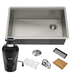 Kraus KWU110-32-100-75MB Kore 32" Single Bowl Undermount Stainless Steel Kitchen Sink in Stainless Steel with WasteGuard Continuous Feed Garbage Disposal and Accessories