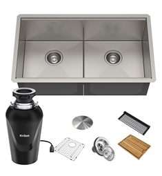 Kraus KWU112-33-100-75MB Kore 33" Double Bowl Undermount Stainless Steel Kitchen Sink with WasteGuard Continuous Feed Garbage Disposal and Accessories
