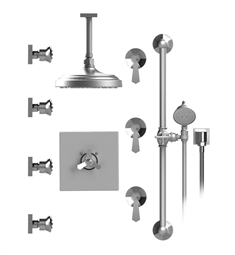 Rubinet 47HXL Hexis Temperature Control Shower with Ceiling Mount 7 3/4" Shower Head, Bar, Integral Supply, Hand Held Shower & Four Body Sprays