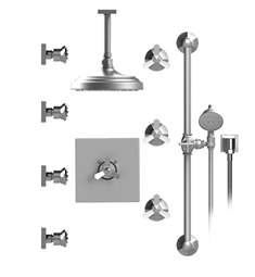 Rubinet 47HXC Hexis Temperature Control Shower with Ceiling Mount 7 3/4" Shower Head, Bar, Integral Supply, Hand Held Shower & Four Body Sprays