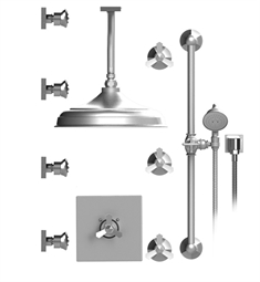Rubinet 48HXC Hexis Temperature Control Shower with Ceiling Mount 12 1/2" Shower Head, Bar, Integral Supply, Hand Held Shower & Four Body Sprays