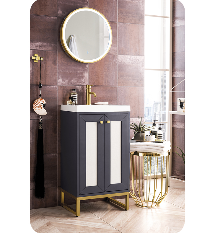 James Martin E303V20MG Chianti 19 5/8 Single Bathroom Vanity Cabinet in  Mineral Grey with White Glossy Composite Countertop and Stainless Steel Base