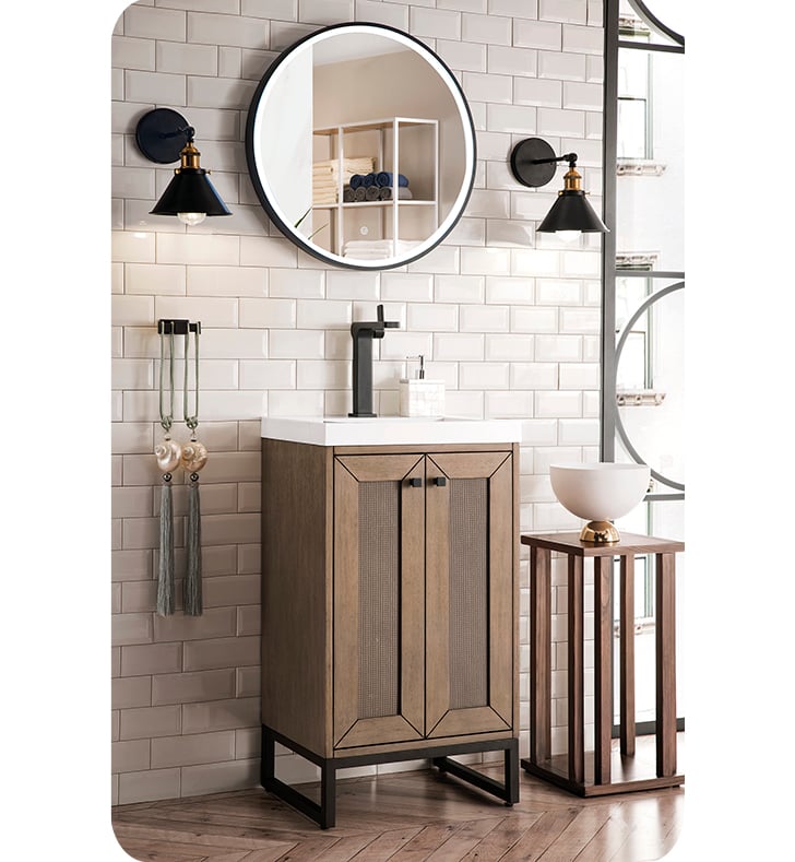 James Martin E303V20WW Chianti 19 5/8 Single Vanity Cabinet in Whitewashed  Walnut with White Glossy Composite Countertop and Stainless Steel Base