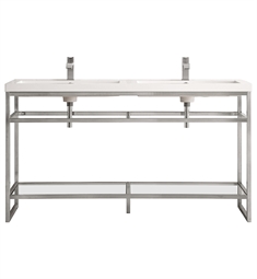 James Martin C105V63BNKWG Boston 63" Console Double Bathroom Vanity in Brushed Nickel with White Glossy Composite Countertop