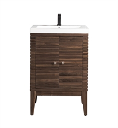James Martin E213-V24-WLT-WG Linden 24" Single Vanity Cabinet in Mid Century Walnut with White Glossy Resin Countertop