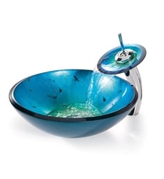 Kraus C-GV-204-12mm-10CH Galaxy Blue 17" Irruption Glass Round Single Bowl Vessel Bathroom Sink with Waterfall Faucet in Chrome