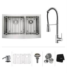 Kraus KHF203-33-KPF1612-KSD30CH 32 7/8" Double Bowl Farmhouse Stainless Steel Kitchen Sink with Commercial Style Kitchen Faucet and Soap Dispenser in Chrome