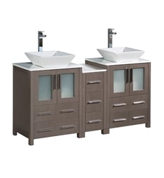 Fresca FCB62-241224GO-CWH-V Torino 60" Gray Oak Modern Double Sink Bathroom Cabinets with Tops & Vessel Sinks